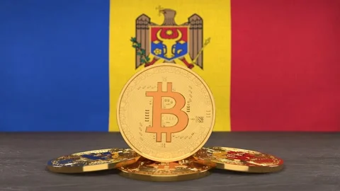 Bitcoin cryptocurrency on the background of the flag of Moldova Stock Footage 166152088
