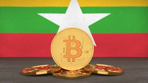 Bitcoin cryptocurrency on the background of the flag of Myanmar Stock Footage 166152096