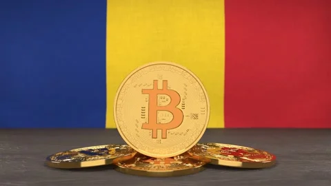 Bitcoin cryptocurrency on the background of the flag of Romania Stock Footage 166152143
