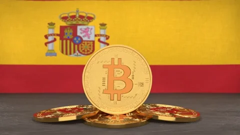 Bitcoin cryptocurrency on the background of the flag of Spain Stock Footage 166152168