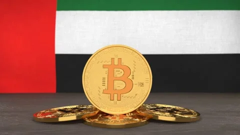 Bitcoin cryptocurrency on the background of the flag of United Arab Emirates Video stock 166151891