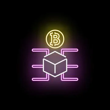 Bitcoin cryptocurrency blockchain connecting network neon icon Stock Illustration