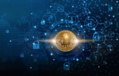 Bitcoin cryptocurrency with blockchain network connection and microcircuit icons 写真素材