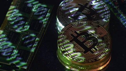 Bitcoin cryptocurrency BTC and computer components Stock Footage 77508335
