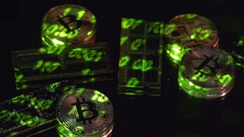 Bitcoin cryptocurrency BTC and computer components Video stock 78344562