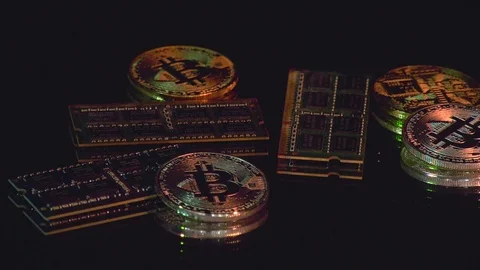 Bitcoin cryptocurrency BTC and computer components Video stock 78344658