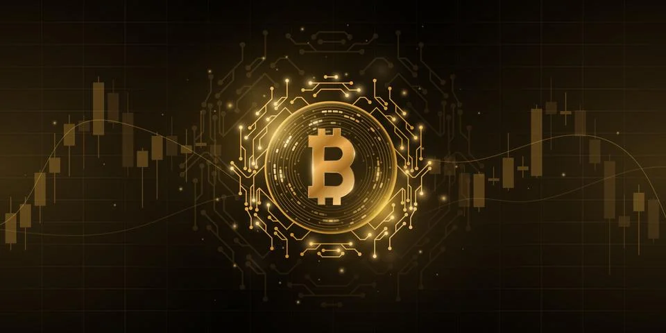 Bitcoin cryptocurrency with candlestick price pattern background. Digital coi 库存插图