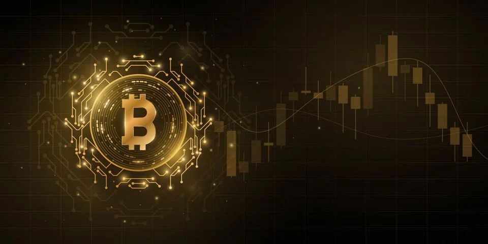 Bitcoin cryptocurrency with candlestick price pattern. Digital coin BTC for t Stock Illustration