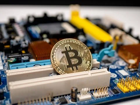 Bitcoin cryptocurrency coin among electronics as digital money Foto stock