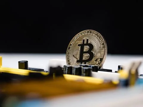 Bitcoin cryptocurrency coin among electronics as digital money Foto stock