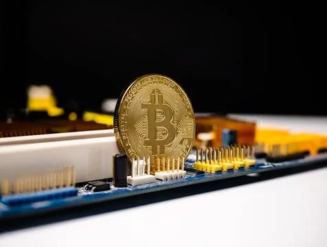 Bitcoin cryptocurrency coin among electronics as digital money Photos