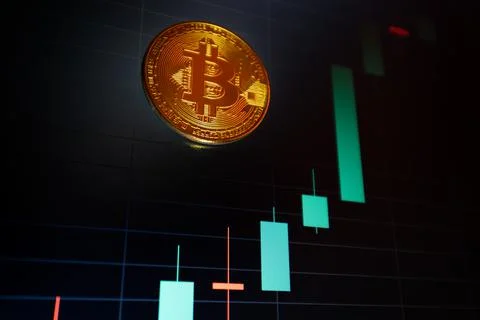 Bitcoin cryptocurrency coin on the background of the chart Stock Photos