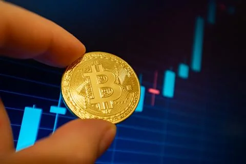Bitcoin cryptocurrency coin on the background of the chart Stock Photos