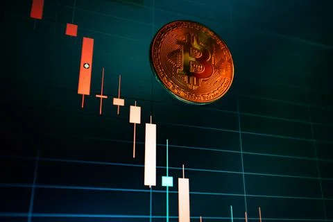 Bitcoin cryptocurrency coin on the background of the chart Stock Photos