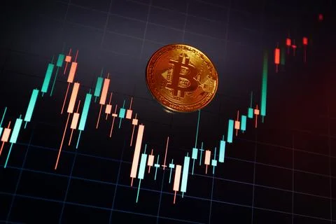 Bitcoin cryptocurrency coin on the background of the chart Stock Photos
