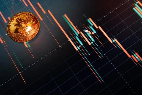 Bitcoin cryptocurrency coin on the background of the chart Stock Photos