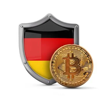 Bitcoin cryptocurrency coin in front of a Germany flag shield. 3D Render Illustrazione stock