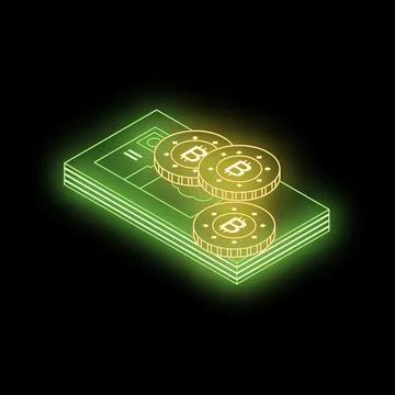 Bitcoin cryptocurrency coins lying on stack of paper banknotes glowing neon s Stock Illustration