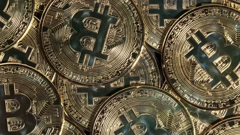 Bitcoin cryptocurrency coins multiple digital gold coins Video stock 194891241