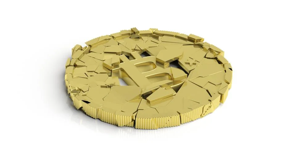 Bitcoin, cryptocurrency collapse. Broken bitcoin isolated on white background Stock Illustration