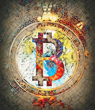 Bitcoin cryptocurrency concept and maya calendar, graphic collage in cosmic Stock Illustration