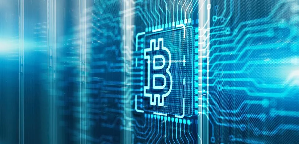Bitcoin Cryptocurrency concept. Mining factory. 3d Electronic Circuit Board Chip Stock Illustration
