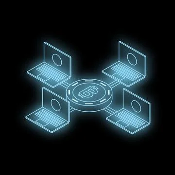 Bitcoin cryptocurrency connecting with laptops in digital network 库存插图