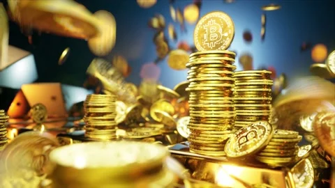 Bitcoin cryptocurrency falling coins surrounded by gold bars 4k video footage Stock Footage 151020389