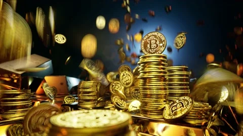 Bitcoin cryptocurrency falling coins surrounded by gold bars 4k video footage Stock Footage 151020502