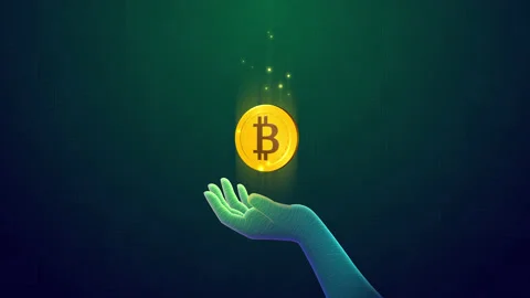 Bitcoin cryptocurrency in hand. digital currency mining finance, nft, blockchain Stock Footage 153629964