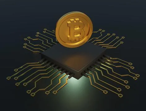 Bitcoin Cryptocurrency hovering on top of a CPU Illustrazione stock