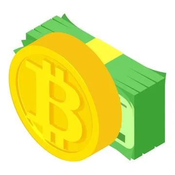 Bitcoin cryptocurrency icon isometric vector. Bitcoin coin and dollar bill stack Stock Illustration