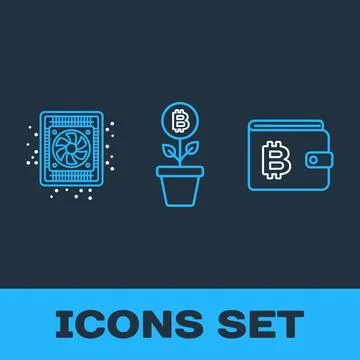 Bitcoin cryptocurrency icons set: computer chip, plant growing in pot, and .. Stock Illustration