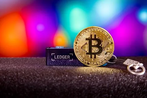 Bitcoin cryptocurrency with ledger nano hardware wallet device on colo Stock Photos