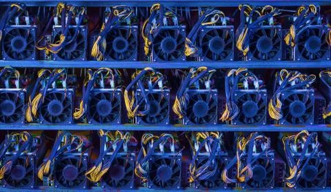 Bitcoin cryptocurrency mining farm Stock Photos