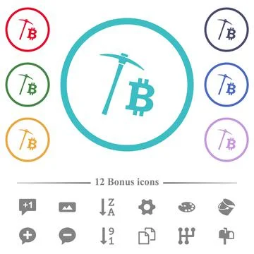 Bitcoin cryptocurrency mining flat color icons in circle shape outlines Stock-Illustration