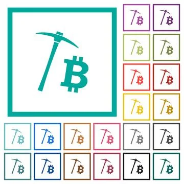 Bitcoin cryptocurrency mining flat color icons with quadrant frames Stock-Illustration