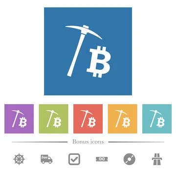 Bitcoin cryptocurrency mining flat white icons in square backgrounds Stock-Illustration