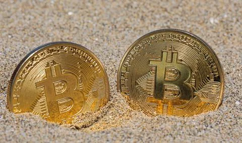 Bitcoin cryptocurrency mining process that unearthed two golden coins with th Фото