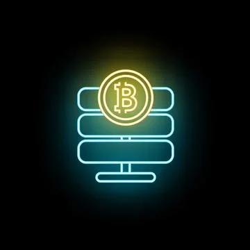 Bitcoin cryptocurrency mining server neon glowing icon Stock Illustration