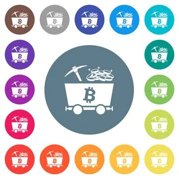 Bitcoin cryptocurrency mining with treasure flat white icons on round color b Stock Illustration