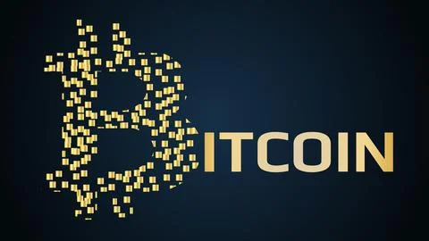 Bitcoin cryptocurrency name concept with logo made of small golden blocks. Stock Illustration