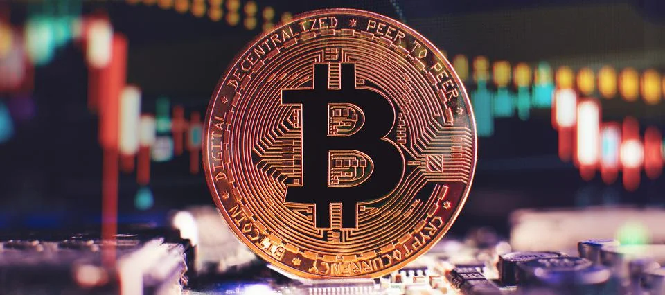 Bitcoin cryptocurrency new version on computer electronic circuit board backg Stock Photos