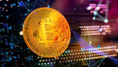 Bitcoin cryptocurrency new version on computer electronic circuit board backg Stock Photos