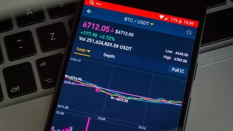 Bitcoin cryptocurrency price chart on digital exchange on mobile phone screen on Stockbeeldmateriaal 94146804