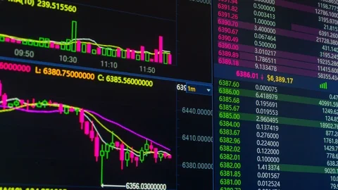 Bitcoin cryptocurrency price chart going up and down on digital market exchange Stockbeeldmateriaal 93777470