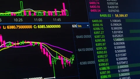Bitcoin cryptocurrency price chart going up and down on digital market exchange Stockbeeldmateriaal 93778577