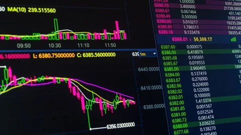 Bitcoin cryptocurrency price chart going up and down on digital market exchange Stockbeeldmateriaal 93779065