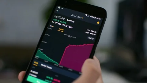 Bitcoin cryptocurrency price graph chart on mobile phone screen, cryptocurrency Stockbeeldmateriaal 94168535