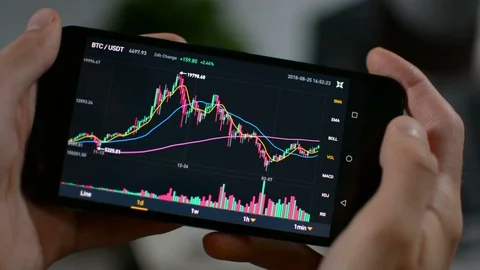 Bitcoin cryptocurrency price graph chart on mobile phone screen, cryptocurrency Stockbeeldmateriaal 94169378